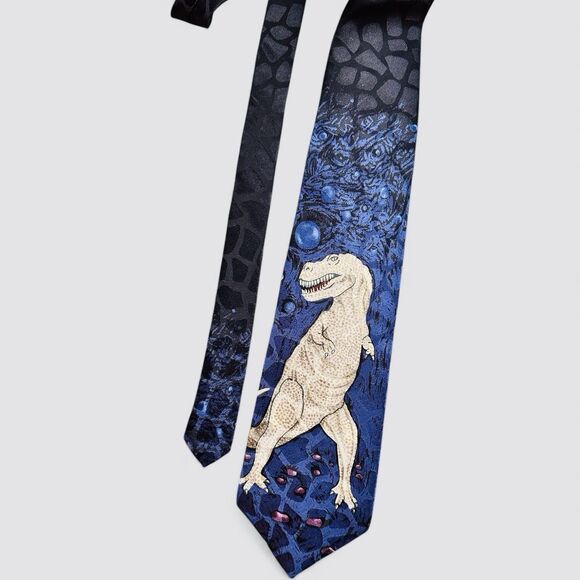 Vintage Y2K T-Rex Dinosaur Blue 100% Silk Necktie Tie Teacher Casual Science EUC - Picture 1 of 4